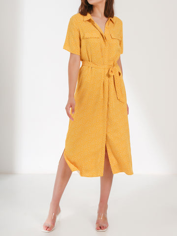 Waythefree Yellow Dot Print Midi Shirt Dress